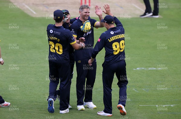 180621 - Glamorgan v Middlesex - T20 Blast - Timm Van Der Gugten of Glamorgan celebrates with team mates after Blake Cullen is caught by Ruaidhri Smith