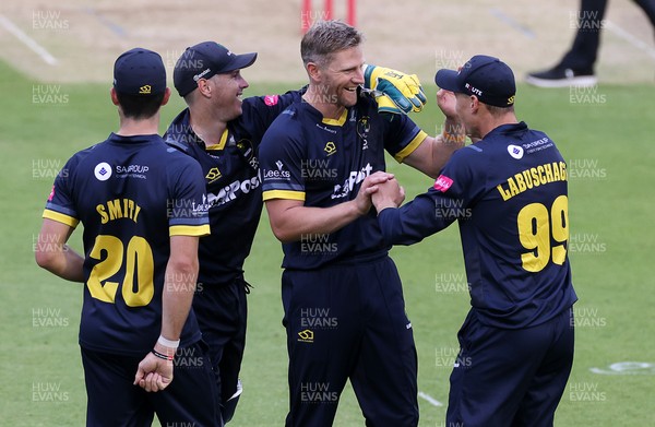 180621 - Glamorgan v Middlesex - T20 Blast - Timm Van Der Gugten of Glamorgan celebrates with team mates after Blake Cullen is caught by Ruaidhri Smith