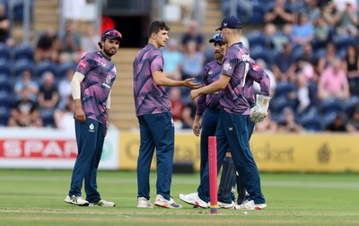 180725 - Glamorgan v Middlesex - Vitality T20 Blast - Jamie Feldman of Middlesex celebrates taking the wicket of Kiran Carlson of Glamorgan