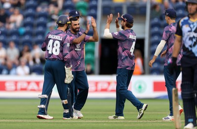 180725 - Glamorgan v Middlesex - Vitality T20 Blast - Zafar Gohar of Middlesex celebrates taking the wicket of Colin Ingram of Glamorgan