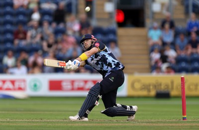 180725 - Glamorgan v Middlesex - Vitality T20 Blast - Dan Douthwaite of Glamorgan hits the ball for six runs