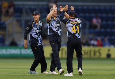 180725 - Glamorgan v Middlesex - Vitality T20 Blast - Timm Van Der Gugten of Glamorgan celebrates the wicket of Max Holden with team mates