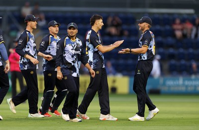 180725 - Glamorgan v Middlesex - Vitality T20 Blast - Ned Leonard of Glamorgan celebrates after Ben Geddes is caught by Timm Van Der Gugten