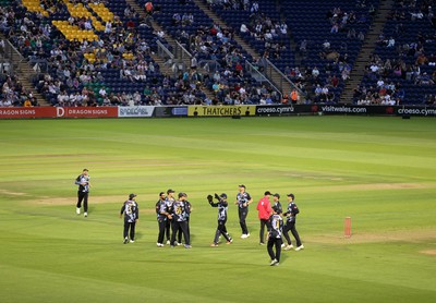 180725 - Glamorgan v Middlesex - Vitality T20 Blast - Asa Tribe of Glamorgan celebrates with team mates after catches the ball to dismiss Kane Williamson