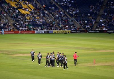 180725 - Glamorgan v Middlesex - Vitality T20 Blast - Asa Tribe of Glamorgan celebrates with team mates after catches the ball to dismiss Kane Williamson