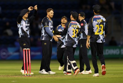 180725 - Glamorgan v Middlesex - Vitality T20 Blast - Dan Douthwaite of Glamorgan celebrates with team mates after Luke Hollman is dismissed