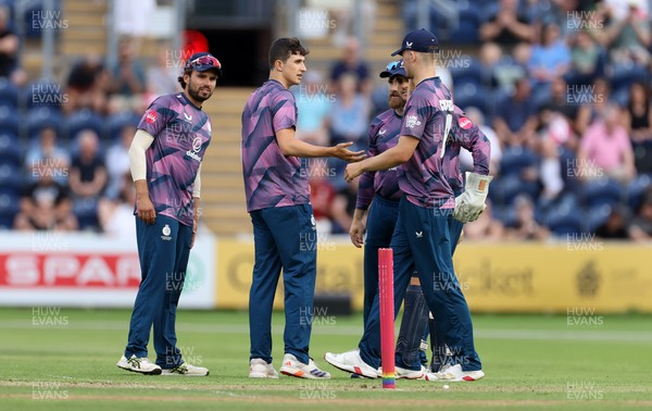 180725 - Glamorgan v Middlesex - Vitality T20 Blast - Jamie Feldman of Middlesex celebrates taking the wicket of Kiran Carlson of Glamorgan