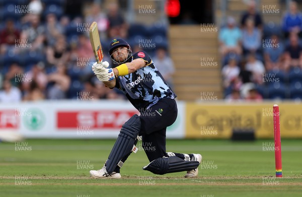 180725 - Glamorgan v Middlesex - Vitality T20 Blast - Dan Douthwaite of Glamorgan hits the ball for six runs