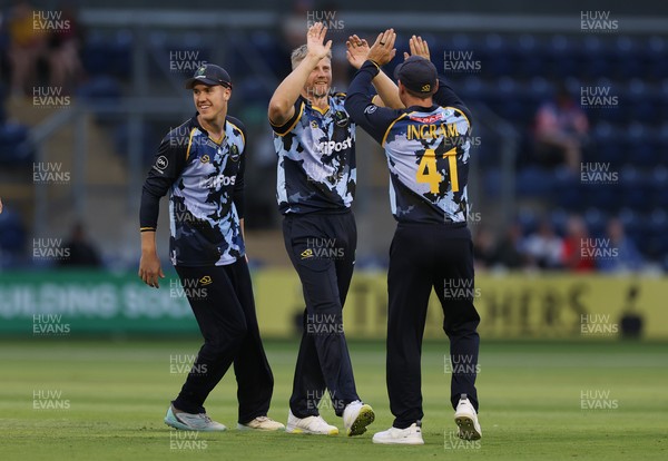 180725 - Glamorgan v Middlesex - Vitality T20 Blast - Timm Van Der Gugten of Glamorgan celebrates the wicket of Max Holden with team mates
