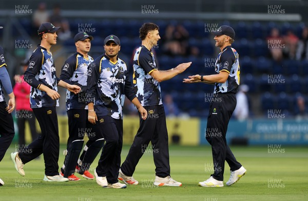 180725 - Glamorgan v Middlesex - Vitality T20 Blast - Ned Leonard of Glamorgan celebrates after Ben Geddes is caught by Timm Van Der Gugten