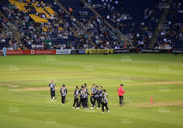 180725 - Glamorgan v Middlesex - Vitality T20 Blast - Asa Tribe of Glamorgan celebrates with team mates after catches the ball to dismiss Kane Williamson