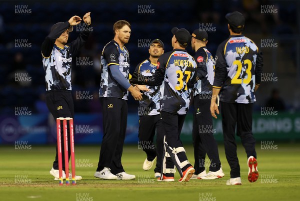 180725 - Glamorgan v Middlesex - Vitality T20 Blast - Dan Douthwaite of Glamorgan celebrates with team mates after Luke Hollman is dismissed