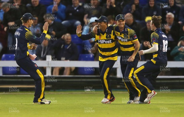180817 - Glamorgan v Middlesex - Natwest T20 Blast - Jacques Rudolph of Glamorgan celebrates after catching John Simpson of Middlesex with Nick Selman and Graham Wagg