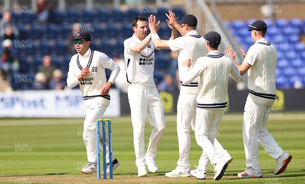 210422 - Glamorgan v Middlesex, LV= County Championship Division 2  - Toby Roland-Jones of Middlesex celebrates after taking the wicket of Andrew Salter of Glamorgan