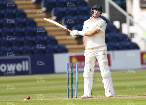210422 - Glamorgan v Middlesex, LV= County Championship Division 2  - Marnus Labuschagne of Glamorgan looks on as he is bowled by Shaheen Afridi of Middlesex