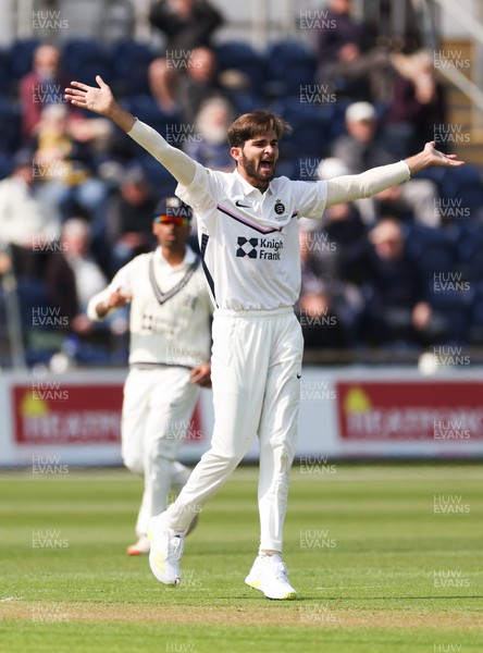 210422 - Glamorgan v Middlesex, LV= County Championship Division 2  - Shaheen Afridi of Middlesex makes an unsuccessful appeal for the wicket of Kiran Carlson of Glamorgan