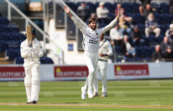 210422 - Glamorgan v Middlesex, LV= County Championship Division 2  - Shaheen Afridi of Middlesex makes an unsuccessful appeal for the wicket of Kiran Carlson of Glamorgan