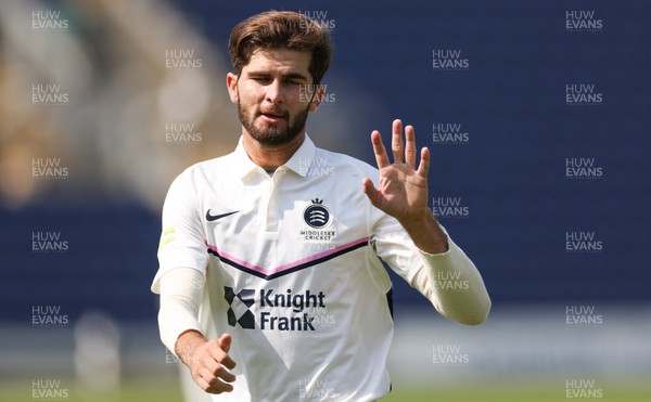 210422 - Glamorgan v Middlesex, LV= County Championship Division 2  - Shaheen Afridi of Middlesex acknowledges the crowd after taking the wicket of Marnus Labuschagne and Sam Northeast of Glamorgan in an over