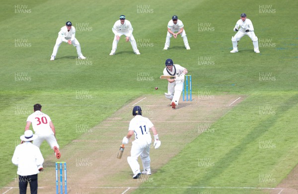 210422 - Glamorgan v Middlesex, LV= County Championship Division 2  - Sam Robson of Middlesex plays a shot off the bowling of Michael Neser of Glamorgan