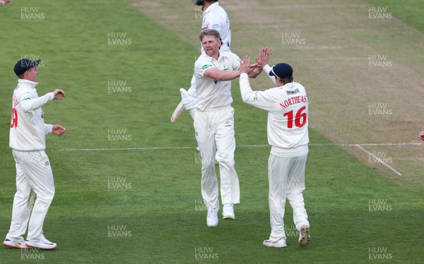 210422 - Glamorgan v Middlesex, LV= County Championship Division 2  - Timm van der Gugten of Glamorgan  celebrates after taking the wicket of Mark Stoneman of Middlesex