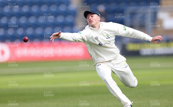 220422 - Glamorgan v Middlesex, LV= County Championship Division 2  - Callum Taylor of Glamorgan makes a desperate reach as he looks to catch the ball