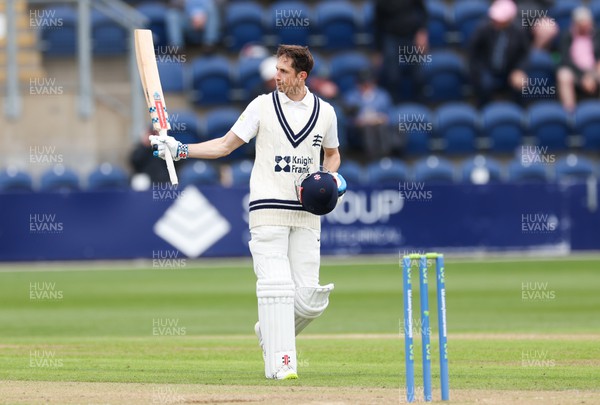 220422 - Glamorgan v Middlesex, LV= County Championship Division 2  - John Simpson of Middlesex celebrates on reaching his 100