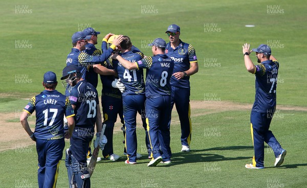 230518 - Glamorgan v Middlesex - Royal London One Day Cup - Colin Ingram and Chris Cooke of Glamorgan celebrates after Cooke catches Stevie Eskinazi of Middlesex