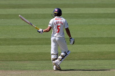 230525 - Glamorgan v Middlesex - Rothesay County Championship, Division Two - Kiran Carlson of Glamorgan acknowledges his half century