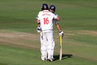 230525 - Glamorgan v Middlesex - Rothesay County Championship, Division Two - Sam Northeast of Glamorgan celebrates scoring a century with Kiran Carlson