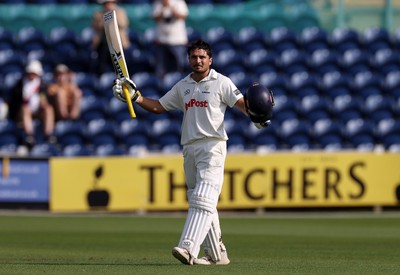 230525 - Glamorgan v Middlesex - Rothesay County Championship, Division Two - Kiran Carlson of Glamorgan celebrates scoring a century
