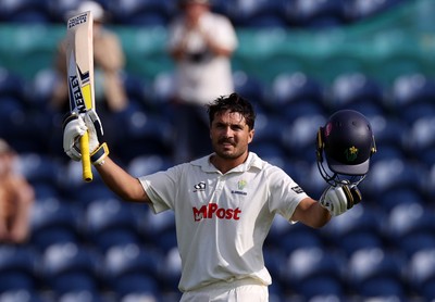 230525 - Glamorgan v Middlesex - Rothesay County Championship, Division Two - Kiran Carlson of Glamorgan celebrates scoring a century