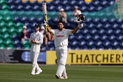 230525 - Glamorgan v Middlesex - Rothesay County Championship, Division Two - Kiran Carlson of Glamorgan celebrates scoring a century