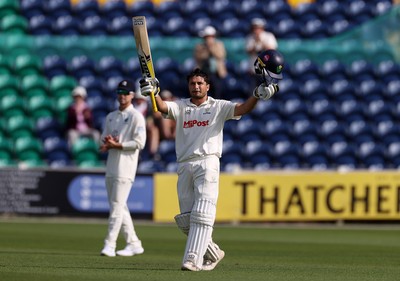 230525 - Glamorgan v Middlesex - Rothesay County Championship, Division Two - Kiran Carlson of Glamorgan celebrates scoring a century