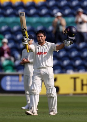 230525 - Glamorgan v Middlesex - Rothesay County Championship, Division Two - Kiran Carlson of Glamorgan celebrates scoring a century