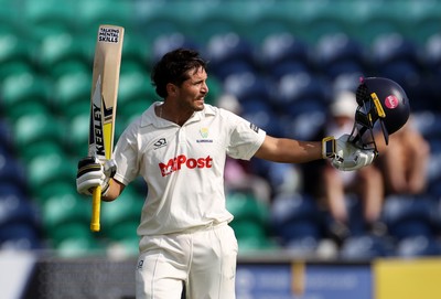 230525 - Glamorgan v Middlesex - Rothesay County Championship, Division Two - Kiran Carlson of Glamorgan celebrates scoring a century