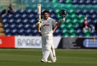 230525 - Glamorgan v Middlesex - Rothesay County Championship, Division Two - Kiran Carlson of Glamorgan celebrates scoring a century