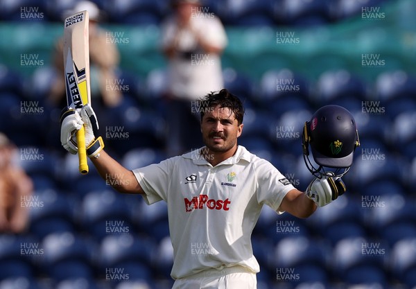 230525 - Glamorgan v Middlesex - Rothesay County Championship, Division Two - Kiran Carlson of Glamorgan celebrates scoring a century