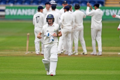 240525 - Glamorgan v Middlesex - Rothesay County Championship - Andy Gorvin of Glamorgan is bowled out by Ryan Higgins of Middlsex