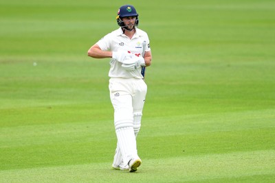 240525 - Glamorgan v Middlesex - Rothesay County Championship - Chris Cooke of Glamorgan was LBW after the bowling of Dan Paterson of Middlesex