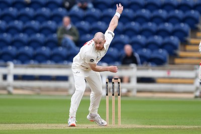 240525 - Glamorgan v Middlesex - Rothesay County Championship - James Harris of Glamorgan bowling