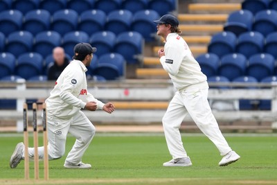 240525 - Glamorgan v Middlesex - Rothesay County Championship - Sam Robson of Middlesex is caught out by Sam Northeast of Glamorgan from the bowling of Timm Van Der Gugten