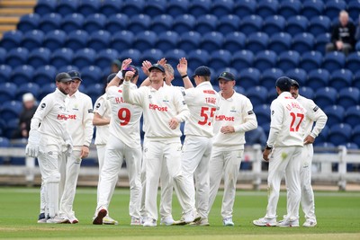 240525 - Glamorgan v Middlesex - Rothesay County Championship - Sam Robson of Middlesex is caught out by Sam Northeast of Glamorgan from the bowling of Timm Van Der Gugten