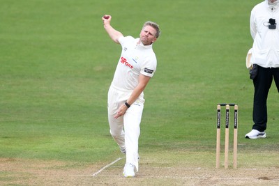 240525 - Glamorgan v Middlesex - Rothesay County Championship - Timm Van Der Gugten of Glamorgan bowling
