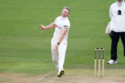 240525 - Glamorgan v Middlesex - Rothesay County Championship - Timm Van Der Gugten of Glamorgan bowling