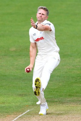 240525 - Glamorgan v Middlesex - Rothesay County Championship - Timm Van Der Gugten of Glamorgan bowling