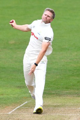 240525 - Glamorgan v Middlesex - Rothesay County Championship - Timm Van Der Gugten of Glamorgan bowling