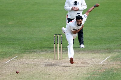 250525 - Glamorgan v Middlesex - Rothesay County Championship - Zain Ul-Hassan of Glamorgan bowling