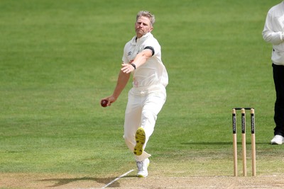 250525 - Glamorgan v Middlesex - Rothesay County Championship - Timm Van Der Gugten of Glamorgan bowling