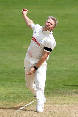 250525 - Glamorgan v Middlesex - Rothesay County Championship - Timm Van Der Gugten of Glamorgan bowling