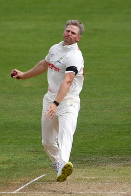 250525 - Glamorgan v Middlesex - Rothesay County Championship - Timm Van Der Gugten of Glamorgan bowling